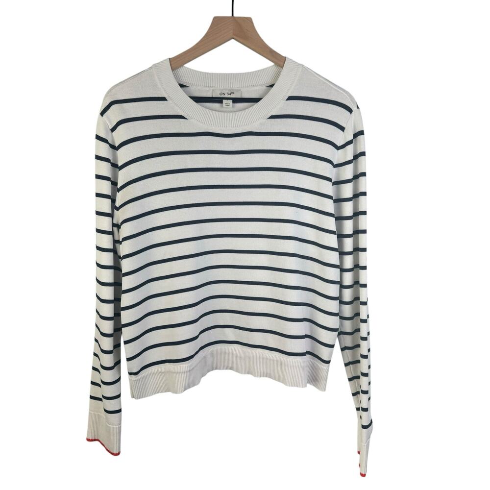 On.34Th Sweater Large Women Navy White‎ Stripe Lightweight Crewneck Stretchy